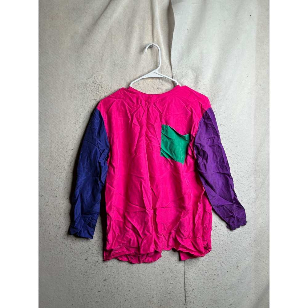 Vintage Worlds Apart 100% Silk Colorblock Blouse Hot Pink Purple Blue Small 9258